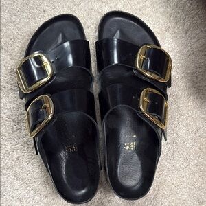 Birkenstock Black and Gold Sandals with Contoured Footbed